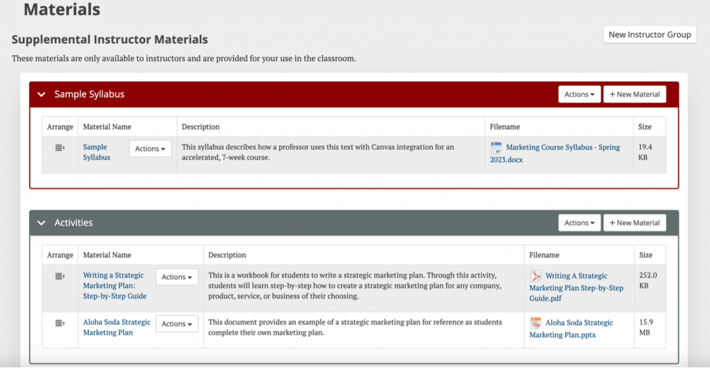 Materials page